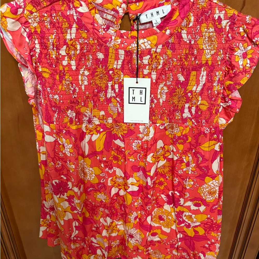 THML Pink & Yellow Floral Smocked Flutter Sleeve Blouse